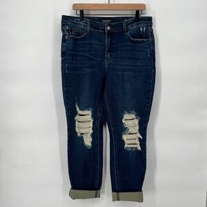 Judy Blue Boyfriend Jeans Women 15/32 Blue Distressed Plaid Patch Denim JB88706‎